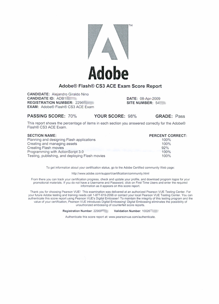 Alex Nino 9A0-058 – Adobe Flash CS3 ACE Exam result